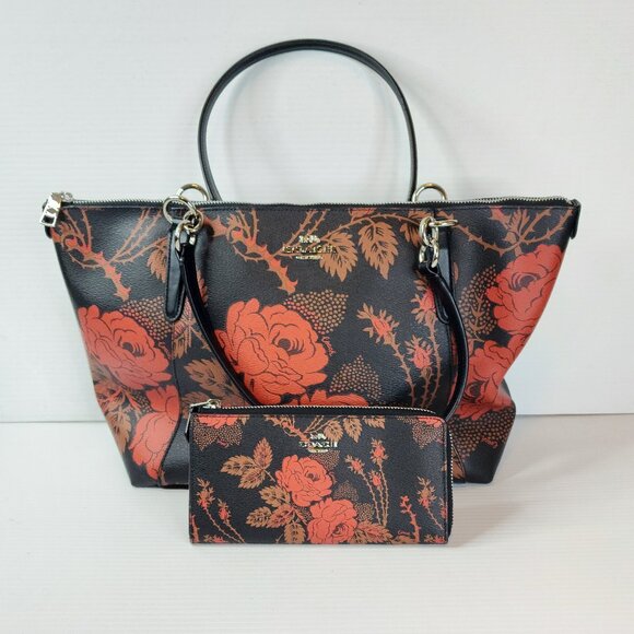 Coach Thorn Rose Print Ava Leather Tote w/ Matching Wallet Black/Red - FCM114 - Picture 1 of 14